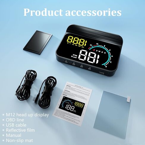 M12 Heads up Display Windshield Projector, Digital Speedometer for car, OBD2/GPS Speedometer with Speed, Overspeed Warning, Display Water Temperature, Direction, Suitable for All Vehicles. in Saudi Arabia