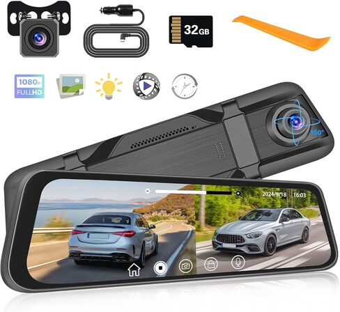 Roinvou 9.66'' Mirror Dash Cam Front and Rear 1080P Backup Camera FHD Full Touch Screen Rear View Mirror Camera Support Loop Recording, G-Sensor, 150° Wide Angle, Night Vision, Free 32GB Card in Saudi Arabia