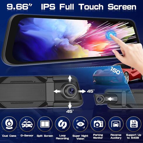 Roinvou 9.66'' Mirror Dash Cam Front and Rear 1080P Backup Camera FHD Full Touch Screen Rear View Mirror Camera Support Loop Recording, G-Sensor, 150° Wide Angle, Night Vision, Free 32GB Card in Saudi Arabia