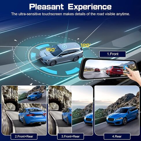 Roinvou 9.66'' Mirror Dash Cam Front and Rear 1080P Backup Camera FHD Full Touch Screen Rear View Mirror Camera Support Loop Recording, G-Sensor, 150° Wide Angle, Night Vision, Free 32GB Card in Saudi Arabia