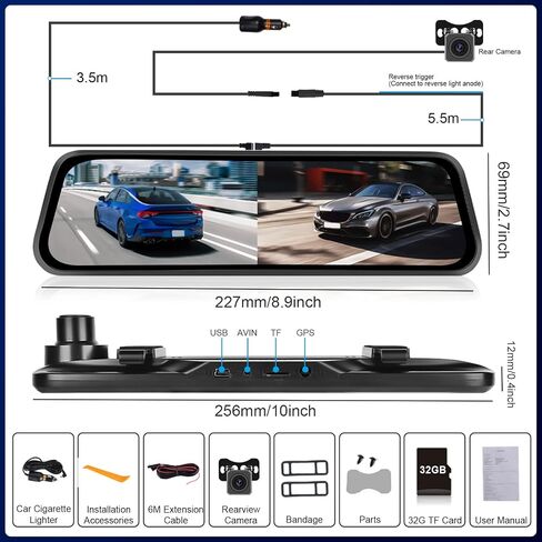 Roinvou 9.66'' Mirror Dash Cam Front and Rear 1080P Backup Camera FHD Full Touch Screen Rear View Mirror Camera Support Loop Recording, G-Sensor, 150° Wide Angle, Night Vision, Free 32GB Card in Saudi Arabia
