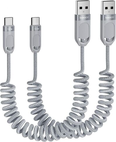 Coiled USB A to USB C 2Pack 5FT Braided Retractable Fast Charging Cable for Car, Compatible with iPhone 16/15/14/12 Pro Max/Galaxy S24/S23/S22, Supports Car Play & Android Auto-Black in Saudi Arabia