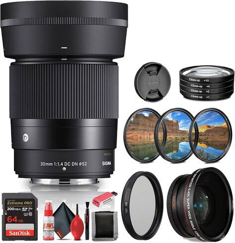 عدسة سيجما 30 مم f/1.4 DC DN المعاصرة لحزمة Nikon Z تتضمن بطاقة ذاكرة 64 جيجابايت + قارئ بطاقة الذاكرة + عدسة واسعة الزاوية + طقم عدسات مقربة + غطاء عدسة + طقم مرشح 3 قطع + طقم تنظيف كامل in Saudi Arabia