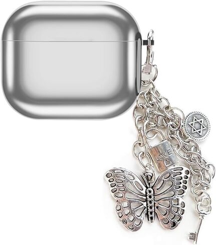 Case Compatible with AirPods Pro 2 / Airpods Pro Cases, Shockproof Protective Cover Mirror Silver Plating Soft Skin with Butterfly Chain Pendant Keychain 02 in Saudi Arabia