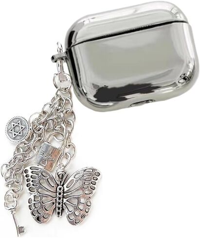 Case Compatible with AirPods Pro 2 / Airpods Pro Cases, Shockproof Protective Cover Mirror Silver Plating Soft Skin with Butterfly Chain Pendant Keychain 02 in Saudi Arabia