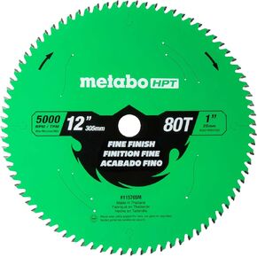 Metabo HPT 12-Inch Miter Saw Blade, Fine Finish, 80-Tooth, 1-Inch Arbor, Industrial High Performance Tungsten Carbide, PTFE Coating, Laser-Cut Expansion Slots, 115765M