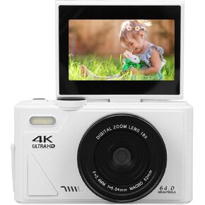 64MP Digital Camera, 4K Vlogging Camera, Auto Focus Camera with 18X Zoom, Compact Small Camera with 3 Inch Flip Screen, Small Camera for Boys Girls, for Photography Video