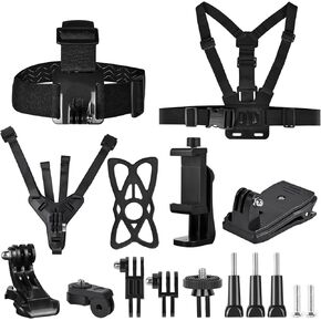 Chest Strap Head Strap Backpack Holder Helmet Chin Mount Set with Extension Arm, Adjustable Action Camera Cam Accessory Kit for Cellphones Gopro Hero Series Insta360 GeekPro SJCAM Osmo etc