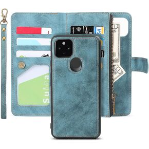 iCoverCase for Google Pixel 4a 5G Wallet Case with Card Holder, 2 in 1 PU Leather Magnetic Clasp Zipper Pocket Shockproof Detachable Flip Wrist Strap (Rose Gold) 5G--Rose Gold