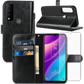 for TCL 30 SE Case, for TCL 30 SE Wallet Case, with Screen Protector,PU Leather Wrist Strap Card Slots Soft TPU Shockproof Protective Flip Cover Phone Case for TCL 30 SE, Black