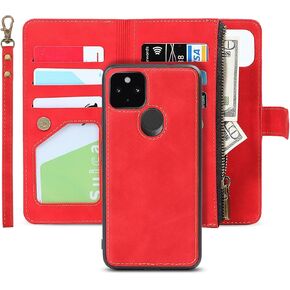 iCoverCase for Google Pixel 4a 5G Wallet Case with Card Holder, 2 in 1 PU Leather Magnetic Clasp Zipper Pocket Shockproof Detachable Flip Wrist Strap (Rose Gold) 5G--Rose Gold