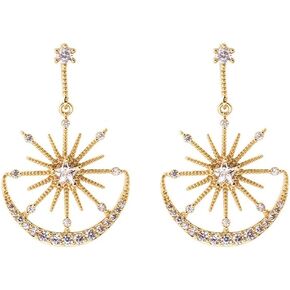 Shiny CZ Crescent Moon Star Dangle Earrings for Women Girls 925 Sterling Silver Post Pin White Gold Plated Cute Crystal Charms Drop Dangling Stud Delicate Statement Jewelry Gifts Birthday Christmas Wedding in Saudi Arabia