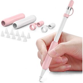 Delidigi 2 Pack iPencil Grip Ergonomic Sleeve with Anti-Lost Replacement Cap Plus Tips Cover Accessories Set Compatible with Apple Pencil 1st Generation (White, Pink)