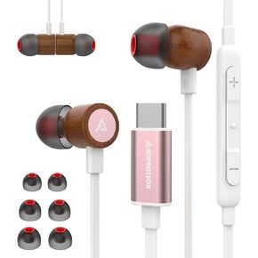 USB C Headphones for iPhone 16, Type C Earbuds Red Pear Wood Wired HiFi Stereo with Remote & Mic, USB C Earphones Compatible with iPhone 16/15 Pro Max, Galaxy S23, iPad Device with Type C, Rose Gold