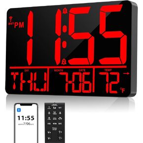 13" Large Digital Wall Clock with Remote, Bluetooth Connection, 25 Ringtones, Dual Alarm, 0-100% Auto or Custom Brightness, Auto DST, 12/24H, for Living Room, Kitchen, Office, Elderly（White）