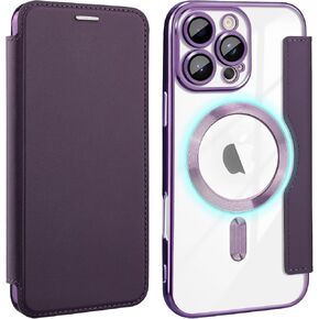 for iPhone 16 Pro Max Case Compatible with Magsafe Slim Fit Flip Protective PU Leather Wallet Case with RFID Blocking Card Slot Build-in Len Protector for Apple iPhone 16 Pro Max,Purple