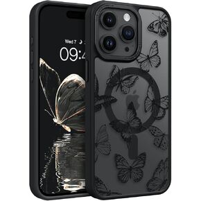 BENTOBEN for iPhone 15 Pro Case,Cute Butterfly Pattern iPhone 15 Pro Magnetic Case [Compatible with MagSafe] Translucent Matte Slim Women Girl Protective Case for iPhone 15 Pro 6.1", Black