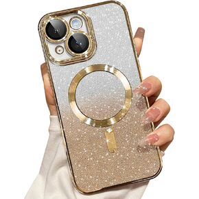 Misscase Compatible with iPhone 14 Pro Magnetic Glitter Case with Camera Lens Protector Full Protection Case Compatible with MagSafe Elegant Anti-Scratch Case Cover for iPhone 14 Pro Gold