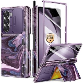 GVIEWIN Marble for Samsung Galaxy Z Fold 6 Case with Card Holder, Sliding Camera Cover [Hinge Protection & S Pen Slot] Kickstand, Built-in Screen Protector Durable Wallet Case, Quicksand/Purple