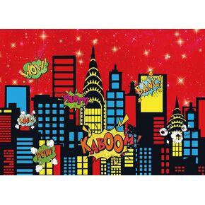 Superhero City Backdrop City Boom Skyscrapers Photography Decoration for Kids Skyline Night Starlit Banner Children Party Decoration,Red(7×5FT)
