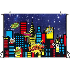 Superhero City Backdrop City Boom Skyscrapers Photography Decoration for Kids Skyline Night Starlit Banner Children Party Decoration,Red(7×5FT)