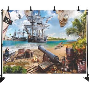 Pirate Backdrop for Photography Beach Jewelry Box Barrel Parrot Nautical Treasure Map Skull Flag Kids Boys Birthday Baby Shower Pirate Party Decorations Background Photo Studio Booth Props 7X5FT