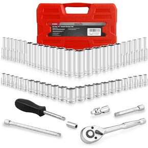 46pcs 3/8" Socket Set, Drive Impact Socket Set, SAE/Metric, Deep & Shallow, Cr-V Steel, 6 Point and 12 Point Sockets with 72-Teeth Reversible Ratchet