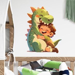 Cartoon Dinosaur Hugging a Little Boy Wall Decal Nursery Animal Dino Wall Sticker Removable Peel and Stick Wall Art Decor for Kid Baby Classroom Preschool Living Room Playroom Bedroom School