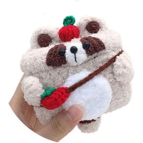 Cute Soft Handmade Fur Fluffy Raccoon Cartoon Animals Case Animal Plush Doll Compatible with Airpods Pro Cartoon Headphones Cover Girls Boys(Light Brown with Red Bag) Best Gift