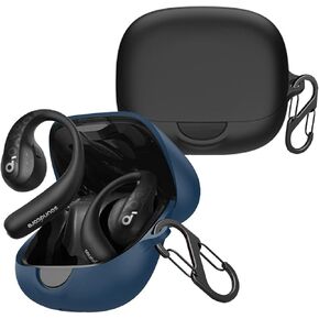 [2 Pack] easyBee Case Compatible with Soundcore AeroFit Pro Open-Ear Bluetooth Headphone Charging Cover with 2 Keychain, Soft Liquid Silicone Ultra Thin Shockproof Protective Kit - Black and Blue