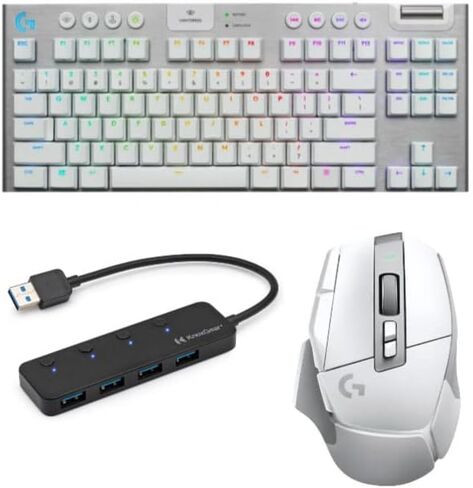 مجموعة لوحة مفاتيح الألعاب الميكانيكية Logitech G915 TKL Tenkeyless Lightspeed Wireless RGB الميكانيكية (أبيض) مع ماوس الألعاب اللاسلكي Logitech G502 X Lightspeed (أبيض) ومحور USB 3.0 بأربعة منافذ (3 عناصر) in Saudi Arabia