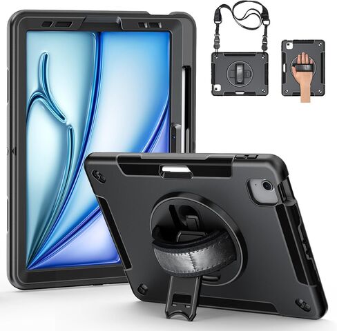 Protective Case for iPad Air 11-inch M2 2024, A2902/A2903/A2904 Case, iPad Air 6th Generation/ Air5/Air4 Case 10.9 Inch with Kickstand/Hand Strap/Shoulder Strap/Pencil Holder-Black in Kuwait