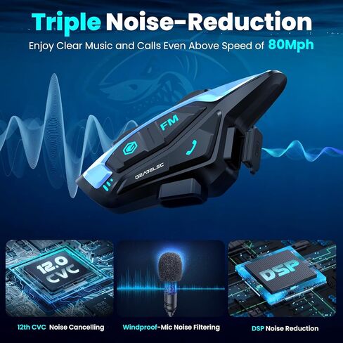 GEARELEC Motorcycle Helmet Bluetooth Headset【Deep Bass & Super-Noise-Reduction】Shark Pro Motorcycle Bluetooth Headset with Upgrade Hi-Fi Speakers, 2000M 8 Riders Motorcycle Intercom with Stereo Sound in Saudi Arabia