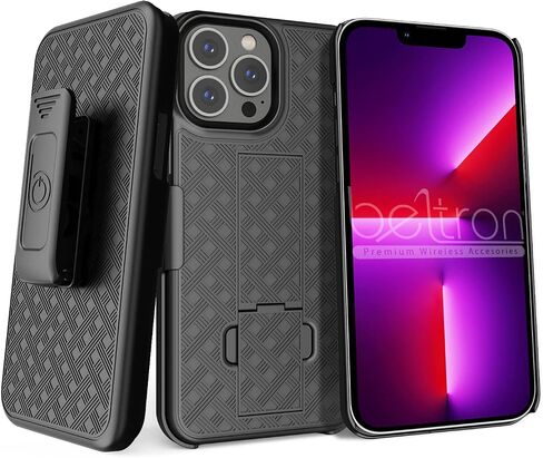 Combo Case with Belt Clip for iPhone 13 Pro Max, Super Slim Rubberized Protective Grip Case & Swivel Belt Clip Holster with Built-in Kickstand (Black) in Saudi Arabia