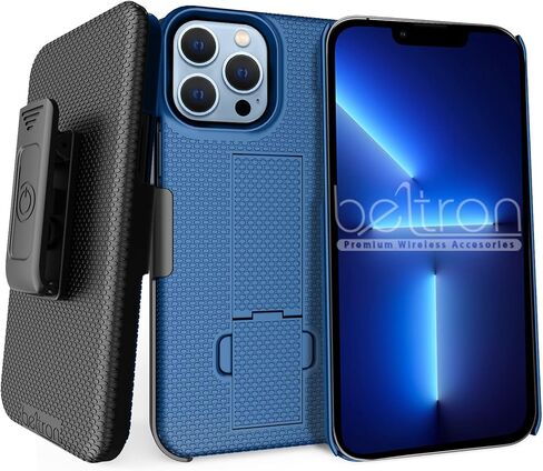 حافظة كومبو مع مشبك حزام لهاتف آيفون 13 برو ماكس، حافظة حماية مطاطية رفيعة للغاية وحافظة بمشبك حزام دوار مع مسند مدمج (أسود) in Kuwait