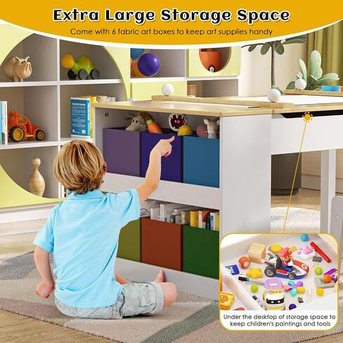 ROOMTEC Kids Art Table and Easel Chair Set with Large Storage Desk, Wooden Drawing Desk w/Paper Roll for Children Ages 8-12, 43" L x 24" W in Saudi Arabia