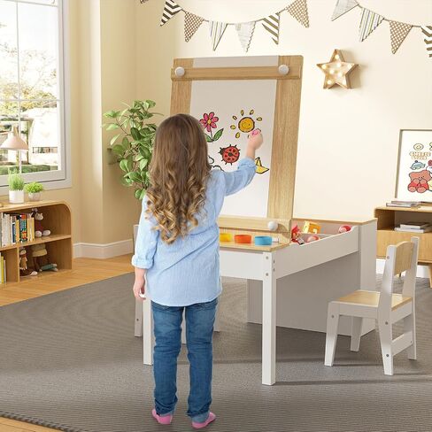 ROOMTEC Kids Art Table and Easel Chair Set with Large Storage Desk, Wooden Drawing Desk w/Paper Roll for Children Ages 8-12, 43" L x 24" W in Saudi Arabia