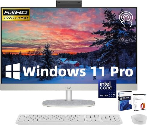 HP 27-inch Touchscreen All-in-One Desktop Computer - Office 2021 Lifetime License, Intel Ultra 7-155U, 16GB DDR5 RAM, 1TB SSD, Adjustable Height, WiFi 6, HD Webcam Windows 11 Pro, White in Saudi Arabia
