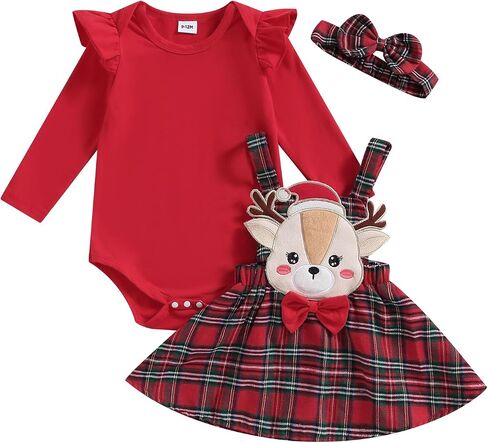Christmas Baby Girl Outfit Newborn Cute Elk Fly Sleeve Romper Overall Dress Infant Girls Fall Winter Skirt Set in Saudi Arabia