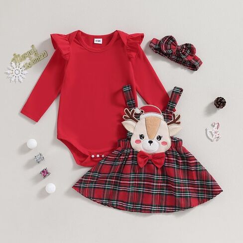 Christmas Baby Girl Outfit Newborn Cute Elk Fly Sleeve Romper Overall Dress Infant Girls Fall Winter Skirt Set in Saudi Arabia