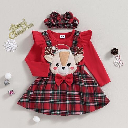 Christmas Baby Girl Outfit Newborn Cute Elk Fly Sleeve Romper Overall Dress Infant Girls Fall Winter Skirt Set in Saudi Arabia