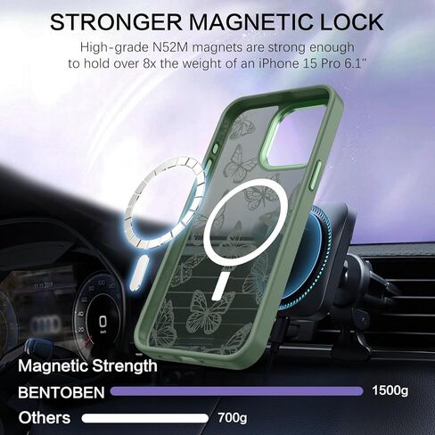 حافظة BENTOBEN لهاتف iPhone 15 Pro، حافظة مغناطيسية بنمط فراشة لطيفة لهاتف iPhone 15 Pro [متوافقة مع MagSafe] حافظة واقية شفافة غير لامعة للنساء والفتيات لهاتف iPhone 15 Pro 6.1 بوصة، أسود in Kuwait