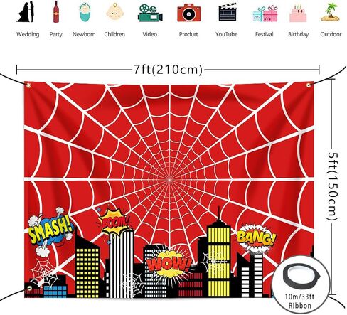 Red Spider Web Superhero Party Backdrop 7x5ft Boys Birthday Decoration Polyester Background Super Hero Theme Party Photo Decor Banner in Kuwait