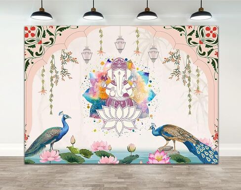 Ticuenicoa 7x5ft الهند الخلفية التقليدية الطاووس لوتس الألوان المائية قوس قزح غانيشا خلفية الوردي Puja Ganpati Pooja موقع قران الخلفيات زينة حفل زفاف أكاليل القطيفة صور الدعائم in Kuwait