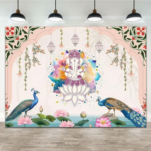 Ticuenicoa 7x5ft الهند الخلفية التقليدية الطاووس لوتس الألوان المائية قوس قزح غانيشا خلفية الوردي Puja Ganpati Pooja موقع قران الخلفيات زينة حفل زفاف أكاليل القطيفة صور الدعائم in Kuwait