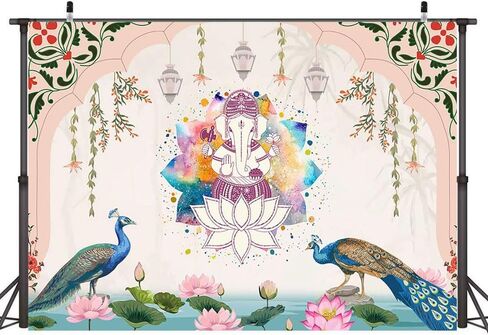 Ticuenicoa 7x5ft الهند الخلفية التقليدية الطاووس لوتس الألوان المائية قوس قزح غانيشا خلفية الوردي Puja Ganpati Pooja موقع قران الخلفيات زينة حفل زفاف أكاليل القطيفة صور الدعائم in Kuwait