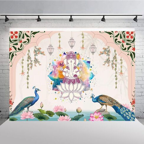 Ticuenicoa 7x5ft الهند الخلفية التقليدية الطاووس لوتس الألوان المائية قوس قزح غانيشا خلفية الوردي Puja Ganpati Pooja موقع قران الخلفيات زينة حفل زفاف أكاليل القطيفة صور الدعائم in Kuwait