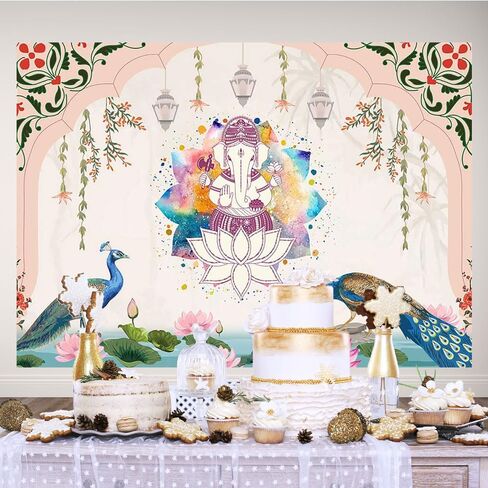 Ticuenicoa 7x5ft الهند الخلفية التقليدية الطاووس لوتس الألوان المائية قوس قزح غانيشا خلفية الوردي Puja Ganpati Pooja موقع قران الخلفيات زينة حفل زفاف أكاليل القطيفة صور الدعائم in Kuwait
