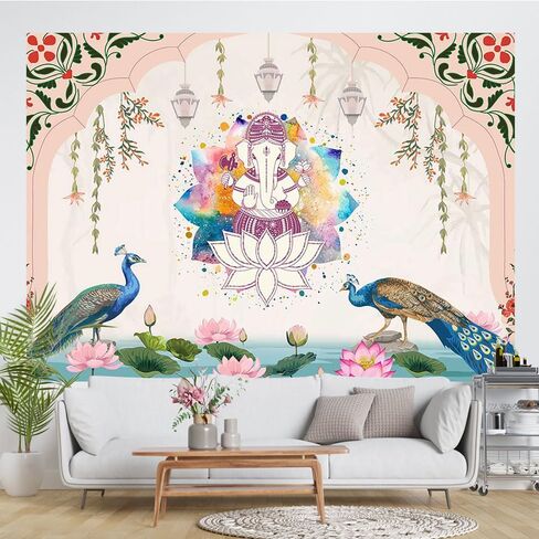 Ticuenicoa 7x5ft الهند الخلفية التقليدية الطاووس لوتس الألوان المائية قوس قزح غانيشا خلفية الوردي Puja Ganpati Pooja موقع قران الخلفيات زينة حفل زفاف أكاليل القطيفة صور الدعائم in Kuwait