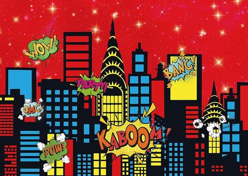 Superhero City Backdrop City Boom Skyscrapers Photography Decoration for Kids Skyline Night Starlit Banner Children Party Decoration,Red(7×5FT) in Saudi Arabia
